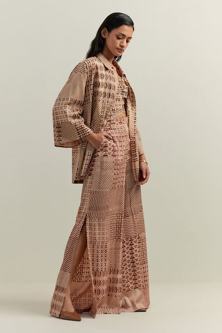 Shikha Malik_Beige Satin Sweetheart Neck Olio Montage Print Bralette With Trouser _at_Aza_Fashions