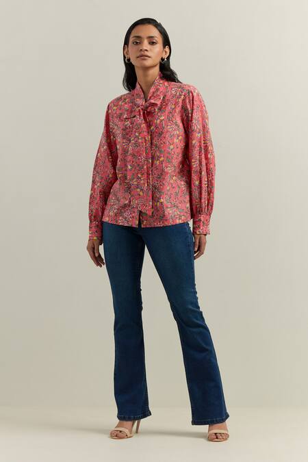 Shikha Malik_Peach Cotton Collared Flower Vine Block Print Shirt _Online_at_Aza_Fashions