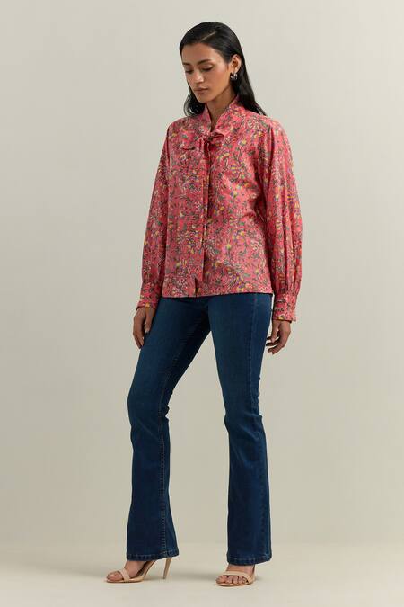 Buy_Shikha Malik_Peach Cotton Collared Flower Vine Block Print Shirt _Online_at_Aza_Fashions