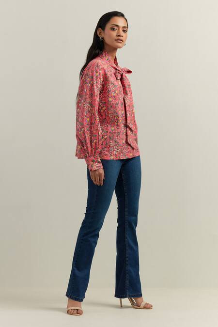 Shop_Shikha Malik_Peach Cotton Collared Flower Vine Block Print Shirt _Online_at_Aza_Fashions