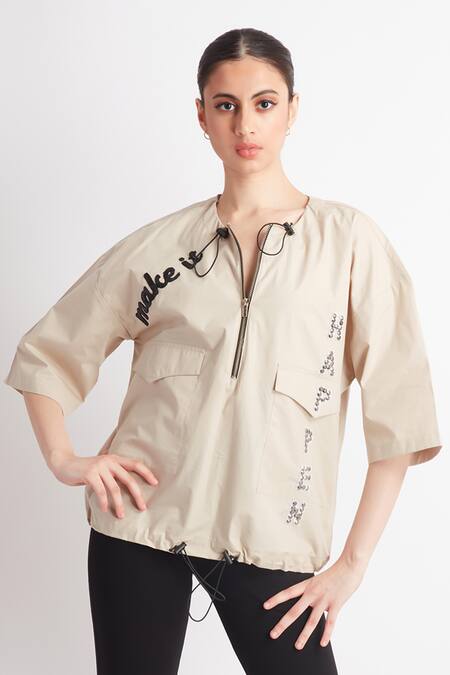 Shop_Richaa Goenka_Beige Cotton Embroidery Make It Happen Notched Neck Slogan Top _Online_at_Aza_Fashions
