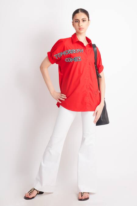 Richaa Goenka_Red Cotton Embroidery Comes Collared Neck Shirt _Online_at_Aza_Fashions