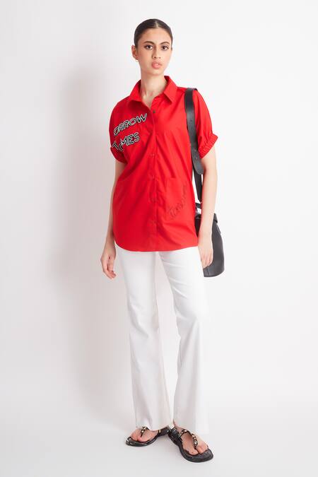 Buy_Richaa Goenka_Red Cotton Embroidery Comes Collared Neck Shirt _Online_at_Aza_Fashions