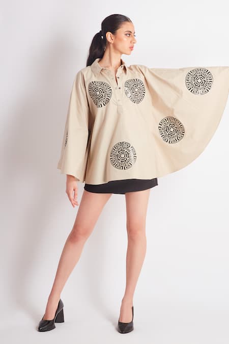 Buy Richaa Goenka Beige Cotton Applique Leather Cutwork Collared Neck Cape Shirt Online at Aza Fashions Buy_Richaa Goenka_Beige Cotton Applique Leather Cutwork Collared Neck Cape Shirt _Online_at_Aza_Fashions