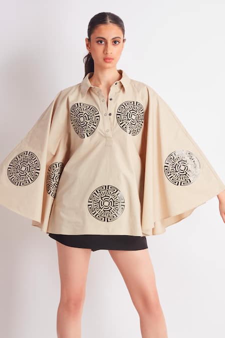 Shop Richaa Goenka Beige Cotton Applique Leather Cutwork Collared Neck Cape Shirt Online at Aza Fashions Shop_Richaa Goenka_Beige Cotton Applique Leather Cutwork Collared Neck Cape Shirt _Online_at_Aza_Fashions