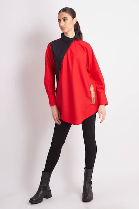 Richaa Goenka Red Cotton Placement Embroidery Dress Collared Neck Color Block Shirt 