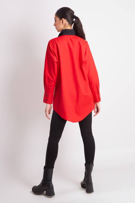 Shop_Richaa Goenka_Red Cotton Placement Embroidery Dress Collared Neck Color Block Shirt _at_Aza_Fashions