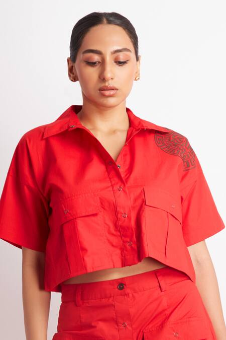 Richaa Goenka_Red Cotton Cut Work Collared Leather Applique Shirt With Skirt _Online_at_Aza_Fashions