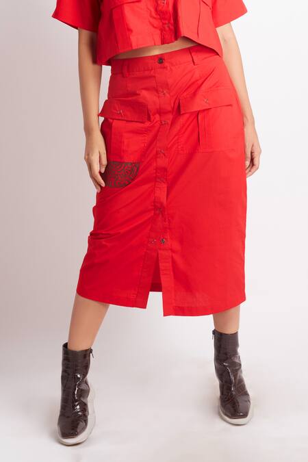 Buy_Richaa Goenka_Red Cotton Cut Work Collared Leather Applique Shirt With Skirt _Online_at_Aza_Fashions