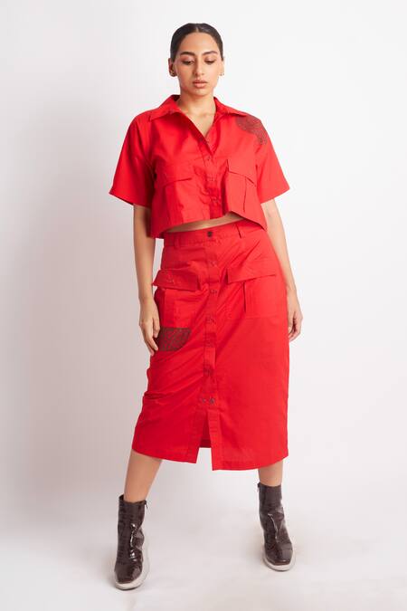 Shop_Richaa Goenka_Red Cotton Cut Work Collared Leather Applique Shirt With Skirt _Online_at_Aza_Fashions