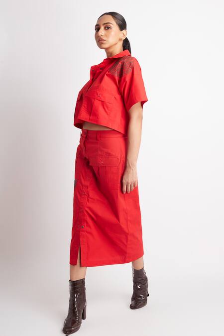 Richaa Goenka_Red Cotton Cut Work Collared Leather Applique Shirt With Skirt _at_Aza_Fashions