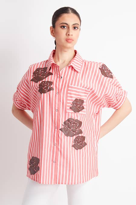 Richaa Goenka_Orange Cotton Applique Rose Leather Cutwork Collared Neck Shirt _Online_at_Aza_Fashions