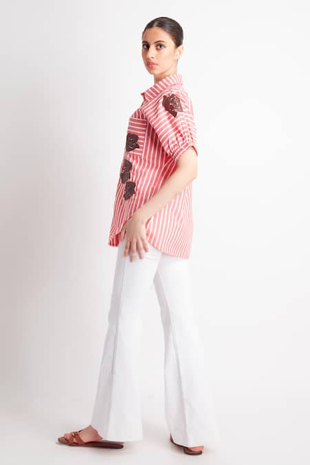 Shop_Richaa Goenka_Orange Cotton Applique Rose Leather Cutwork Collared Neck Shirt _Online_at_Aza_Fashions