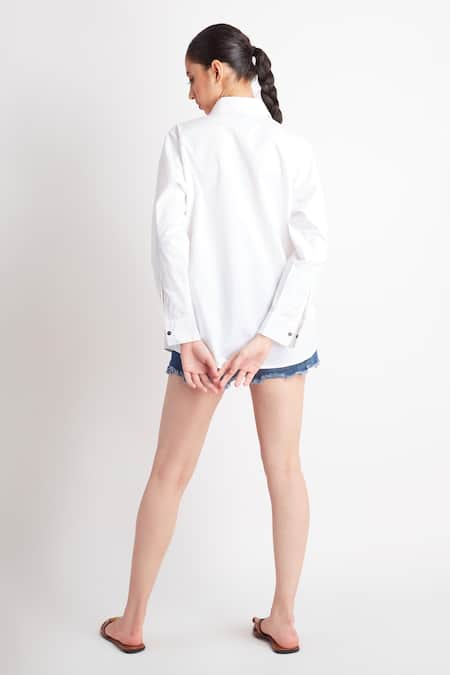 Shop_Richaa Goenka_White Cotton Embroidery Floral Collared Neck Shirt _at_Aza_Fashions