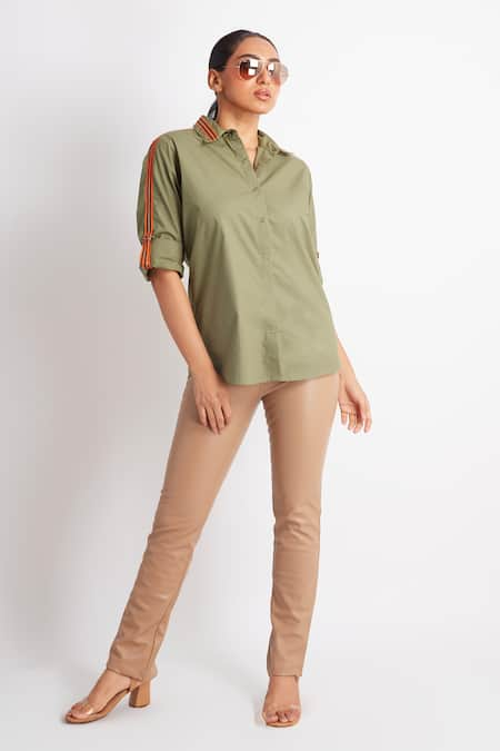 Richaa Goenka Green Cotton Embellished Tape Collar Sleeve Shirt 