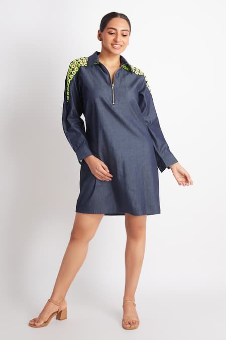 Richaa Goenka Blue Denim Embroidery Sequin Collar Sleeve Dress 