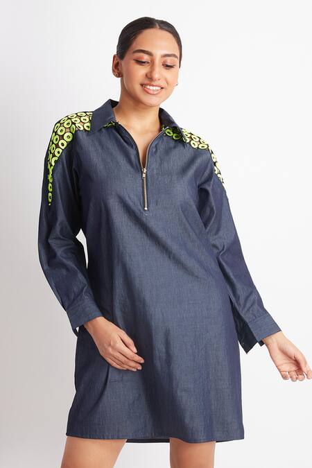 Richaa Goenka_Blue Denim Sequins, Embroidery Collared Sleeve Dress _Online_at_Aza_Fashions