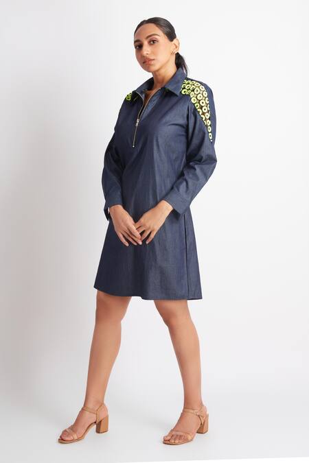 Buy_Richaa Goenka_Blue Denim Sequins, Embroidery Collared Sleeve Dress _Online_at_Aza_Fashions