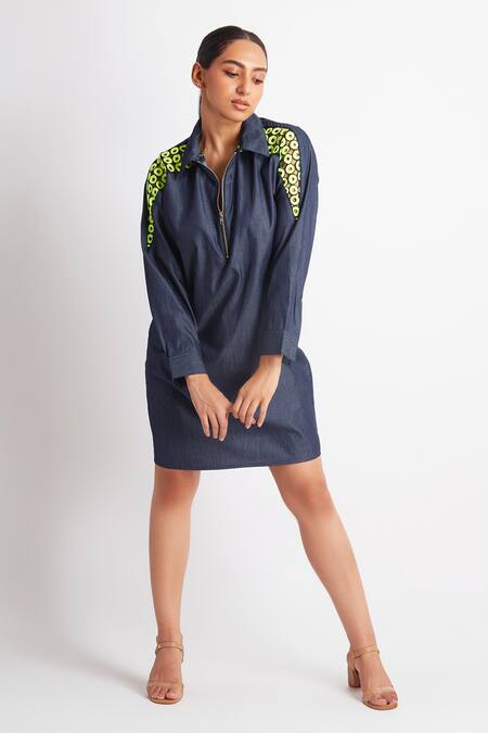 Shop_Richaa Goenka_Blue Denim Sequins, Embroidery Collared Sleeve Dress _Online_at_Aza_Fashions