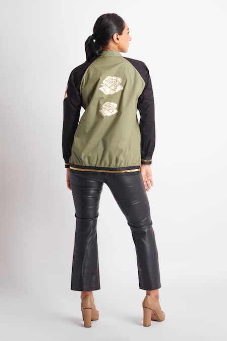 Richaa Goenka Rose Applique Embroidered Bomber Jacket 