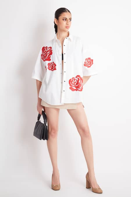 Richaa Goenka Rose Applique Embroidered Shirt 