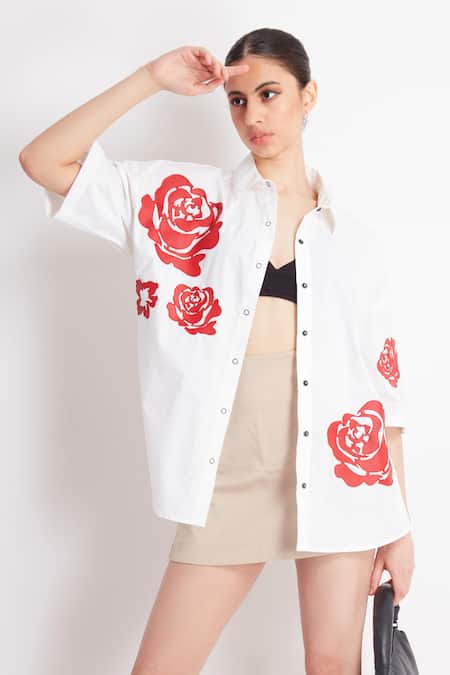 Richaa Goenka_White Cotton Applique Collared Rose Embroidered Shirt _Online_at_Aza_Fashions