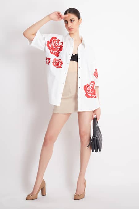 Buy_Richaa Goenka_White Cotton Applique Collared Rose Embroidered Shirt _Online_at_Aza_Fashions