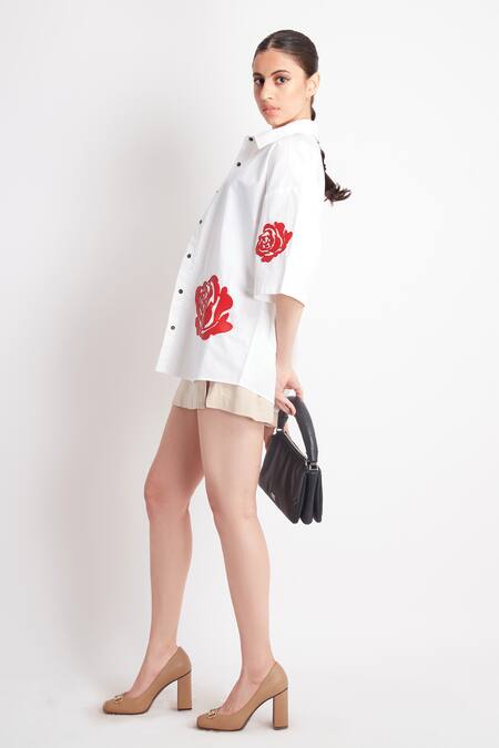Shop_Richaa Goenka_White Cotton Applique Collared Rose Embroidered Shirt _Online_at_Aza_Fashions