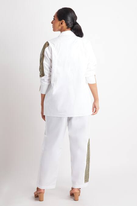 Shop_Richaa Goenka_White Cotton Cut Work Collared Sleeve Jacket And Pant Set _Online_at_Aza_Fashions