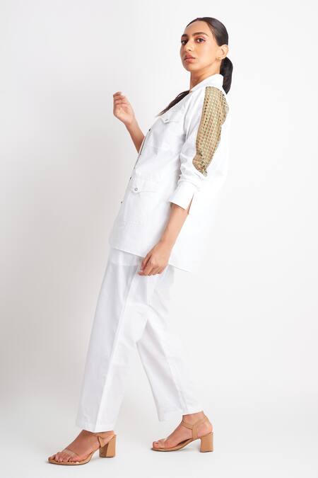 Richaa Goenka_White Cotton Cut Work Collared Sleeve Jacket And Pant Set _at_Aza_Fashions