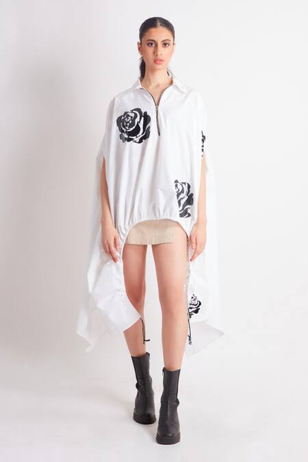 Richaa Goenka_White Cotton Embroidery Rose Applique Collar Leather Cape _Online_at_Aza_Fashions