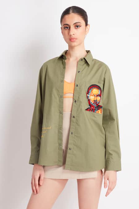 Richaa Goenka_Green Cotton Embroidery Sequin Collar Abstract Lady Shirt _Online_at_Aza_Fashions