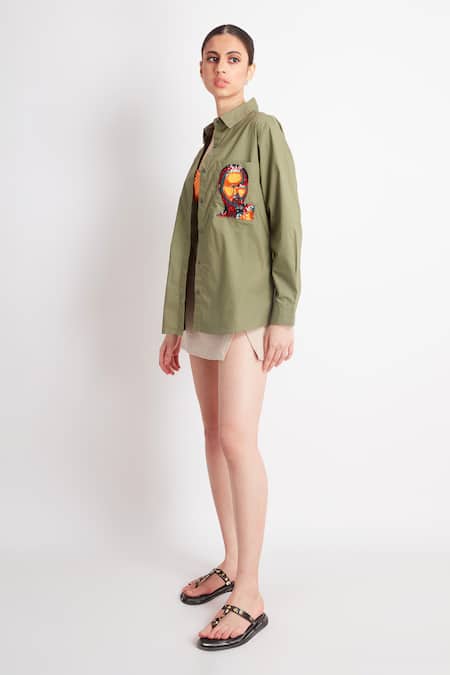 Buy_Richaa Goenka_Green Cotton Embroidery Sequin Collar Abstract Lady Shirt _Online_at_Aza_Fashions