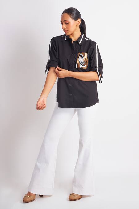 Richaa Goenka_Black Cotton Embroidery Sequin Collar Placement Shirt _Online_at_Aza_Fashions