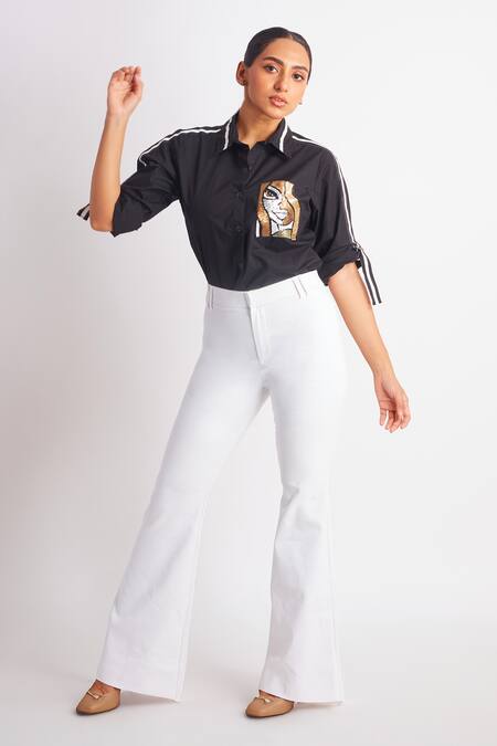 Buy_Richaa Goenka_Black Cotton Embroidery Sequin Collar Placement Shirt _Online_at_Aza_Fashions