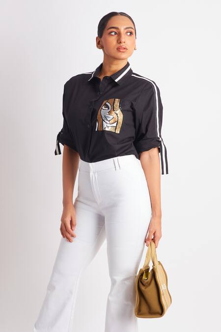 Shop_Richaa Goenka_Black Cotton Embroidery Sequin Collar Placement Shirt _Online_at_Aza_Fashions