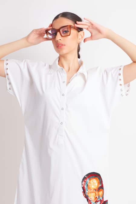 Richaa Goenka_White Cotton Sequins Collared Abstract Face Embroidered Dress _Online_at_Aza_Fashions