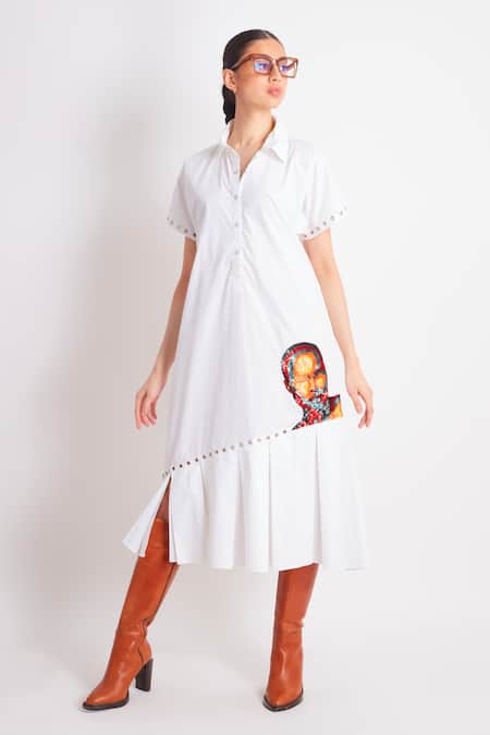 Buy_Richaa Goenka_White Cotton Sequins Collared Abstract Face Embroidered Dress _Online_at_Aza_Fashions