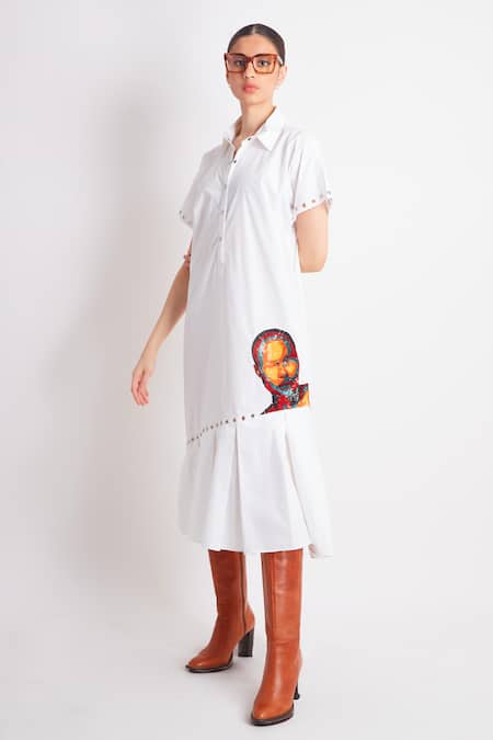 Shop_Richaa Goenka_White Cotton Sequins Collared Abstract Face Embroidered Dress _Online_at_Aza_Fashions