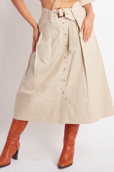 Buy_Richaa Goenka_Beige Cotton Collared Cropped Shirt And Skirt Set _Online_at_Aza_Fashions