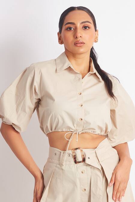 Shop_Richaa Goenka_Beige Cotton Collared Cropped Shirt And Skirt Set _Online_at_Aza_Fashions