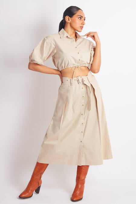 Richaa Goenka_Beige Cotton Collared Cropped Shirt And Skirt Set _at_Aza_Fashions