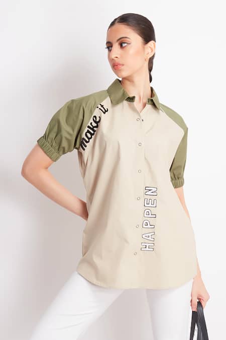 Richaa Goenka_Beige Cotton Embroidery Typographic Collar Make It Happen Shirt _Online_at_Aza_Fashions