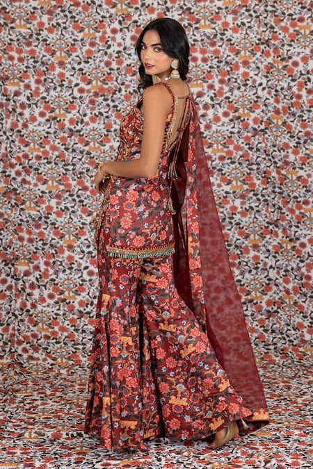 Payal & Zinal Chintz Bloom Print & Embroidered Kurti Sharara Set 