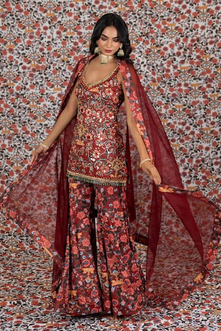 Buy_Payal & Zinal_Maroon Organza, Twill Beads, Chintz Bloom Print And Embroidered Kurti Sharara Set _Online_at_Aza_Fashions