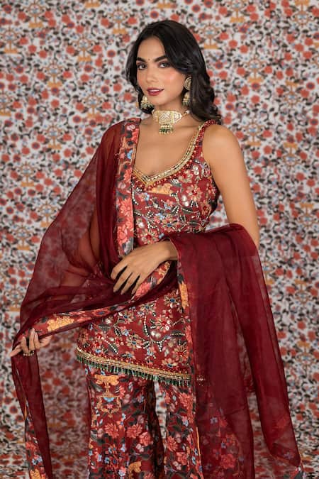 Shop_Payal & Zinal_Maroon Organza, Twill Beads, Chintz Bloom Print And Embroidered Kurti Sharara Set _Online_at_Aza_Fashions