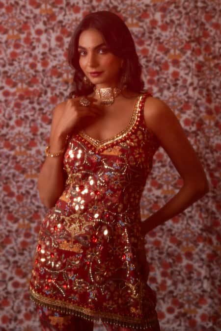 Payal & Zinal_Maroon Organza, Twill Beads, Chintz Bloom Print And Embroidered Kurti Sharara Set _at_Aza_Fashions