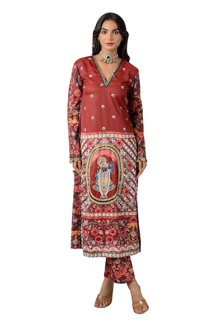 Payal & Zinal_Maroon Organza, Twill, Cotton Lord Shrinathji Print And Embroidered Kurta Pant Set _Online_at_Aza_Fashions