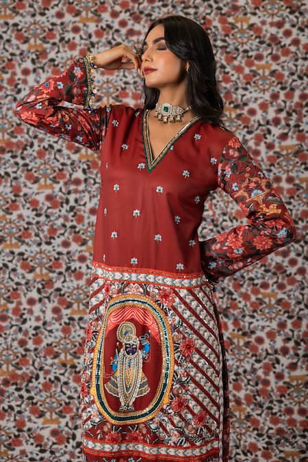 Shop_Payal & Zinal_Maroon Organza, Twill, Cotton Lord Shrinathji Print And Embroidered Kurta Pant Set _Online_at_Aza_Fashions