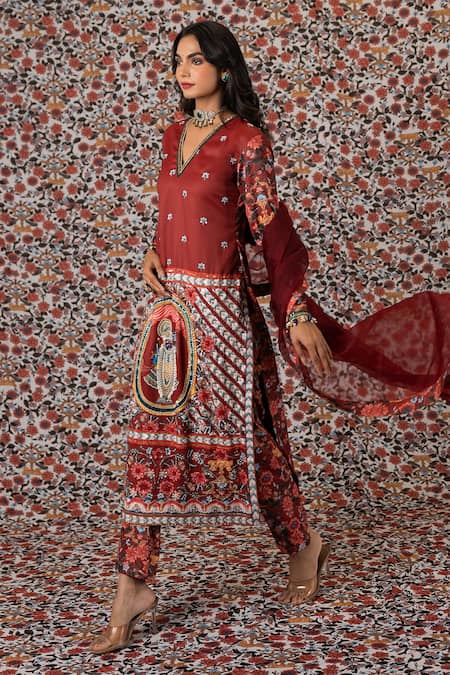 Payal & Zinal_Maroon Organza, Twill, Cotton Lord Shrinathji Print And Embroidered Kurta Pant Set _at_Aza_Fashions